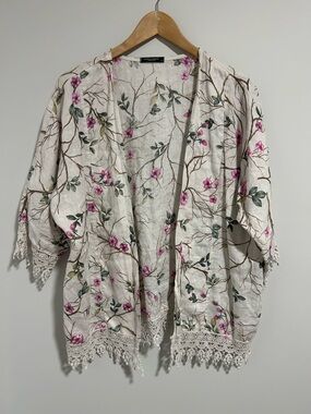 Lungo Larno Made in Italy Linen Kimono Cardigan, Floral Lace Trim, Size Large